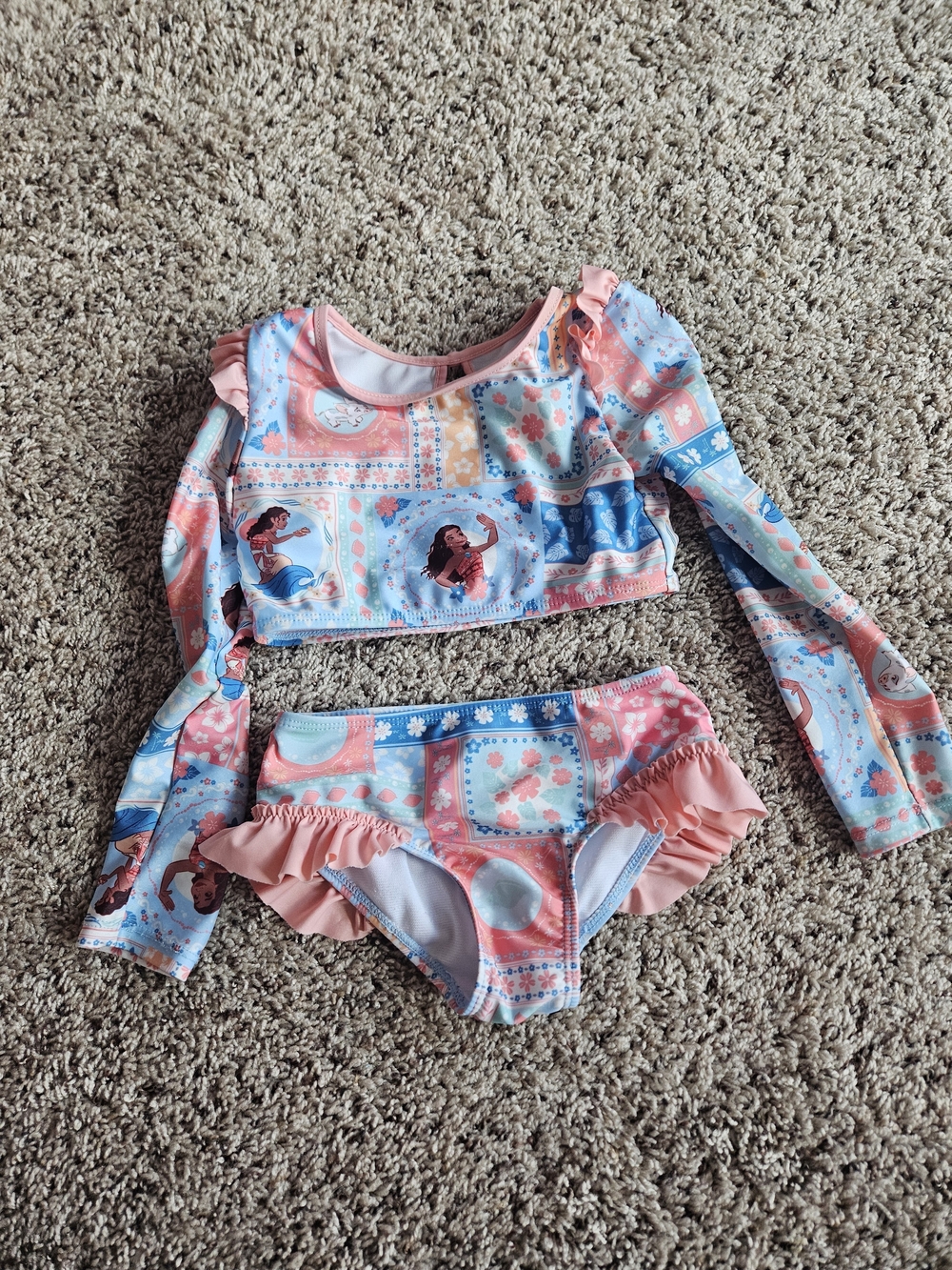 Disney Girls' Pink & Light Blue Moana Print Long-Sleeve Two-Piece Swim Set